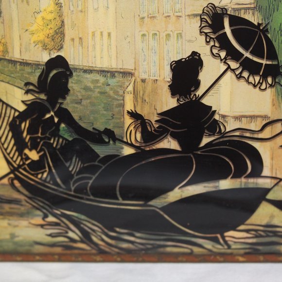 Vintage Convex Glass Reverse Painted Silhouette Metal Frame Man & Woman - Picture 2 of 5